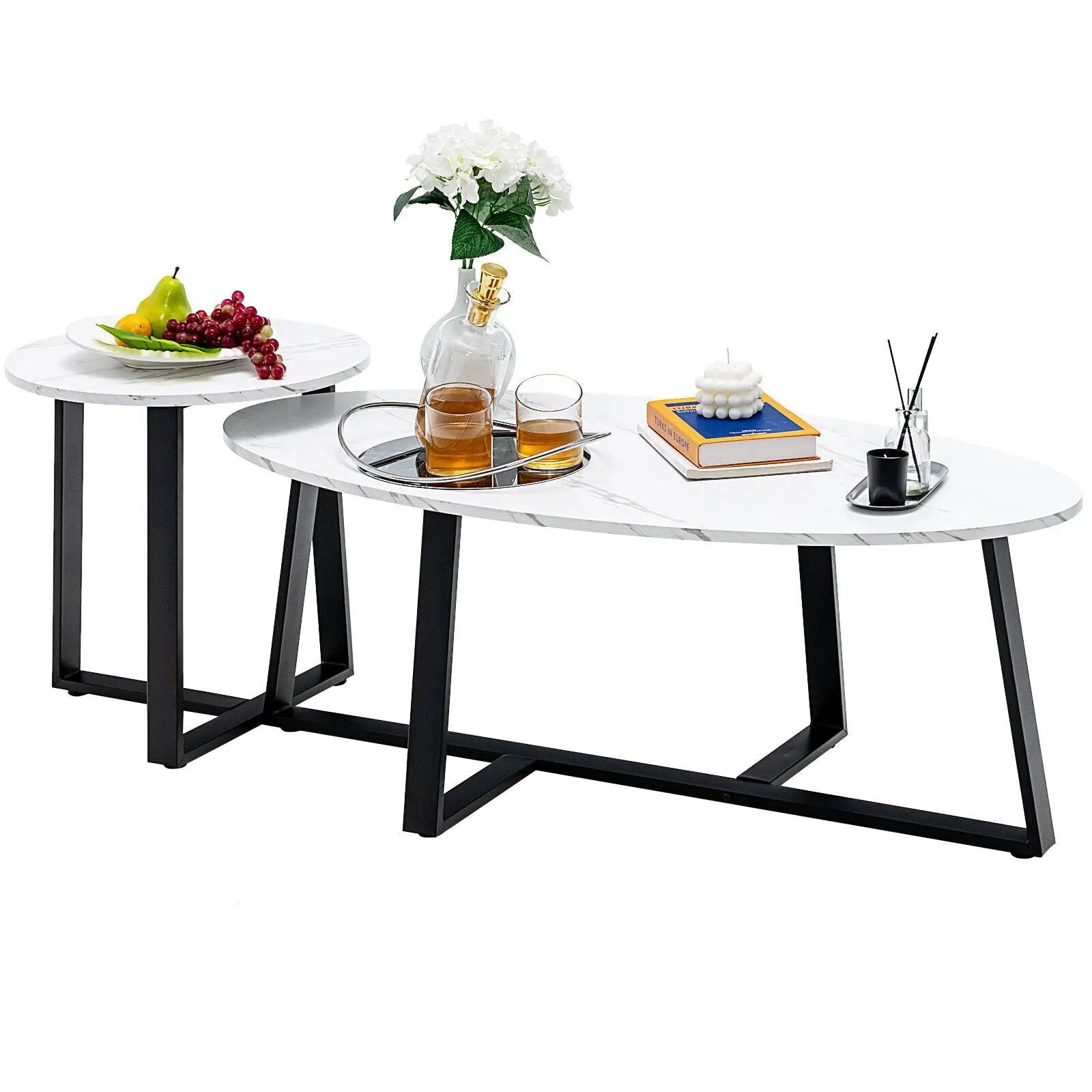 Set of 2 Modern Faux Marble Nesting Coffee Table Set with Oval and Round Table-White by DirectDeals