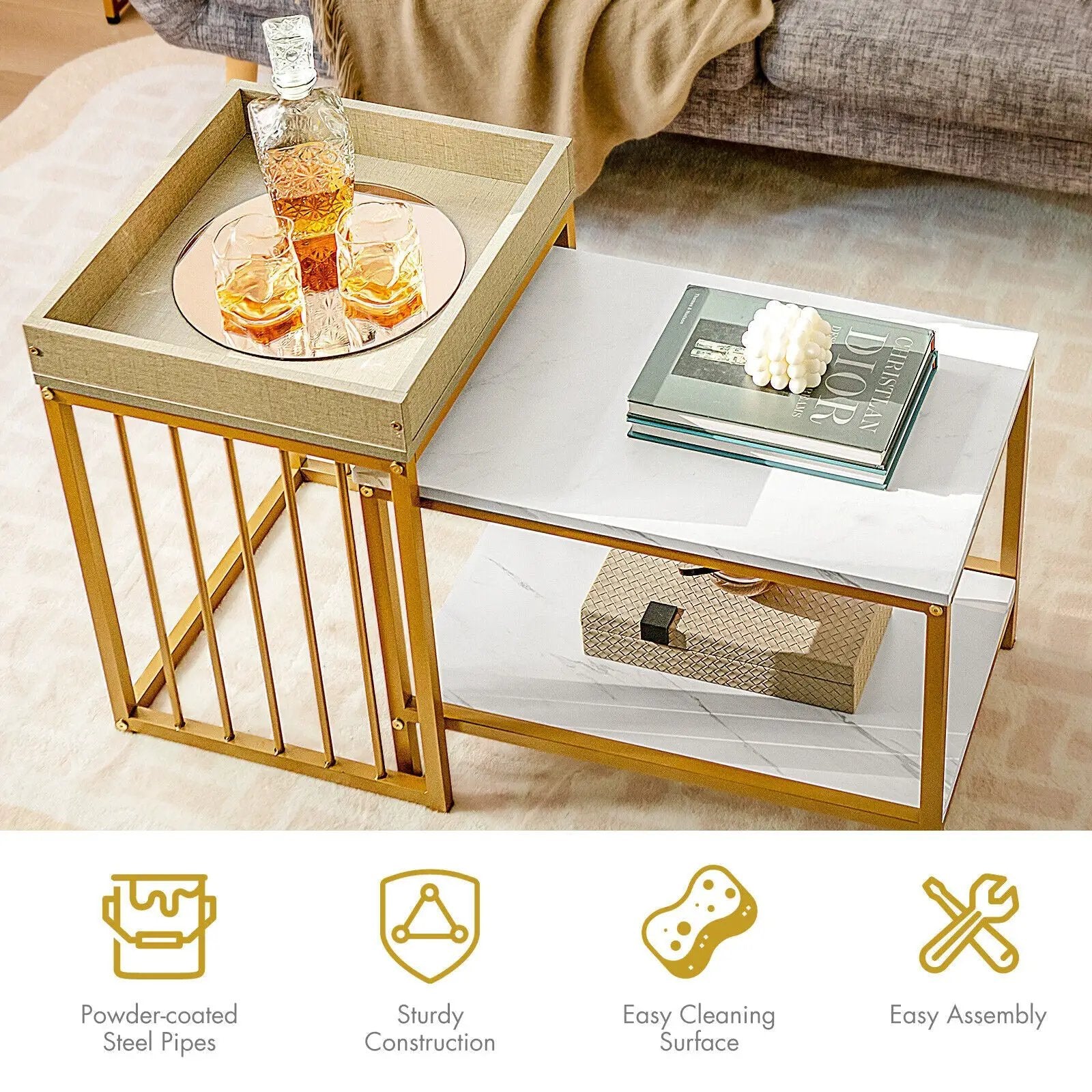 2 Pieces Nesting Coffee Table Set for Living Room-White by DirectDeals