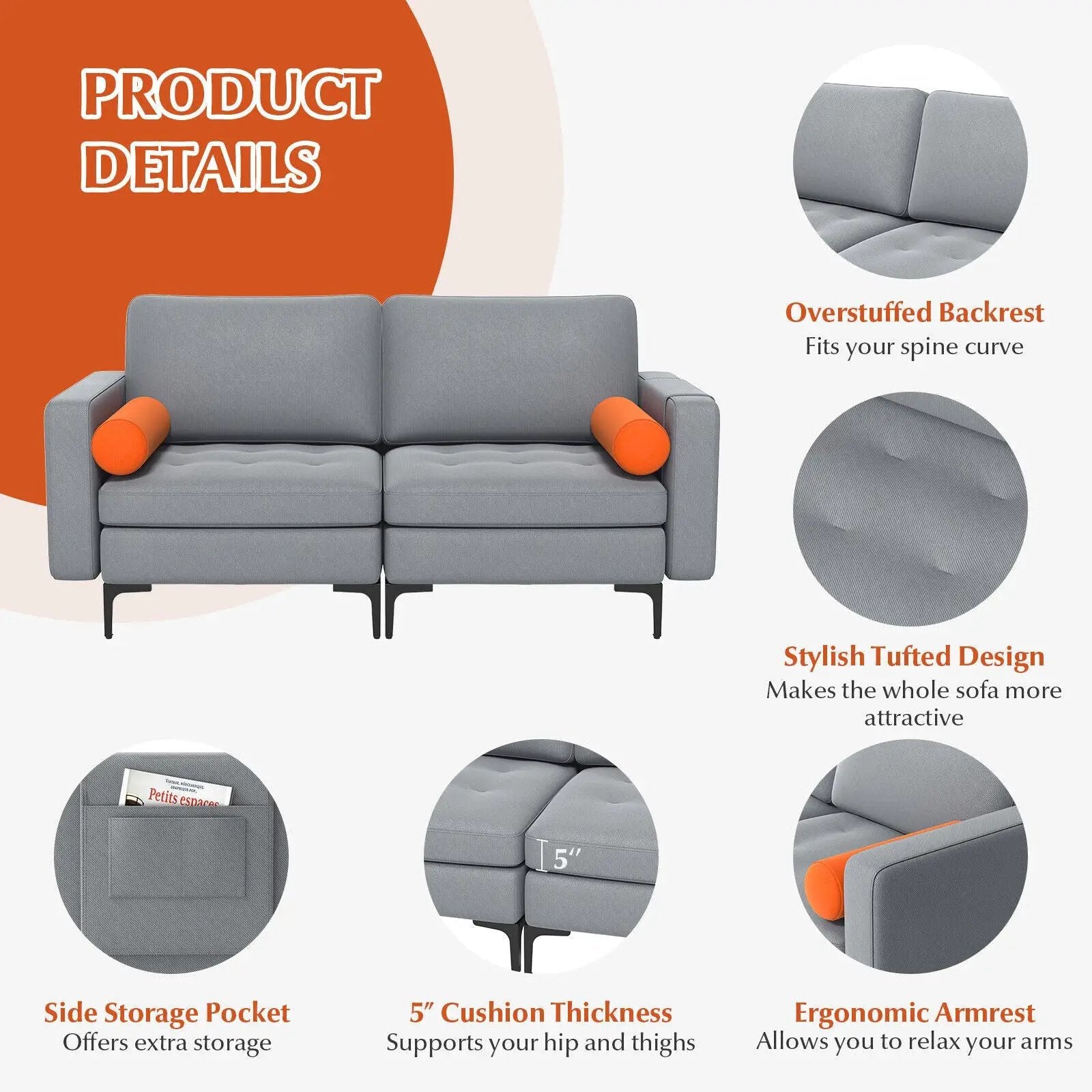 Modern Loveseat Sofa with 2 Bolsters and Side Storage Pocket-Gray by DirectDeals