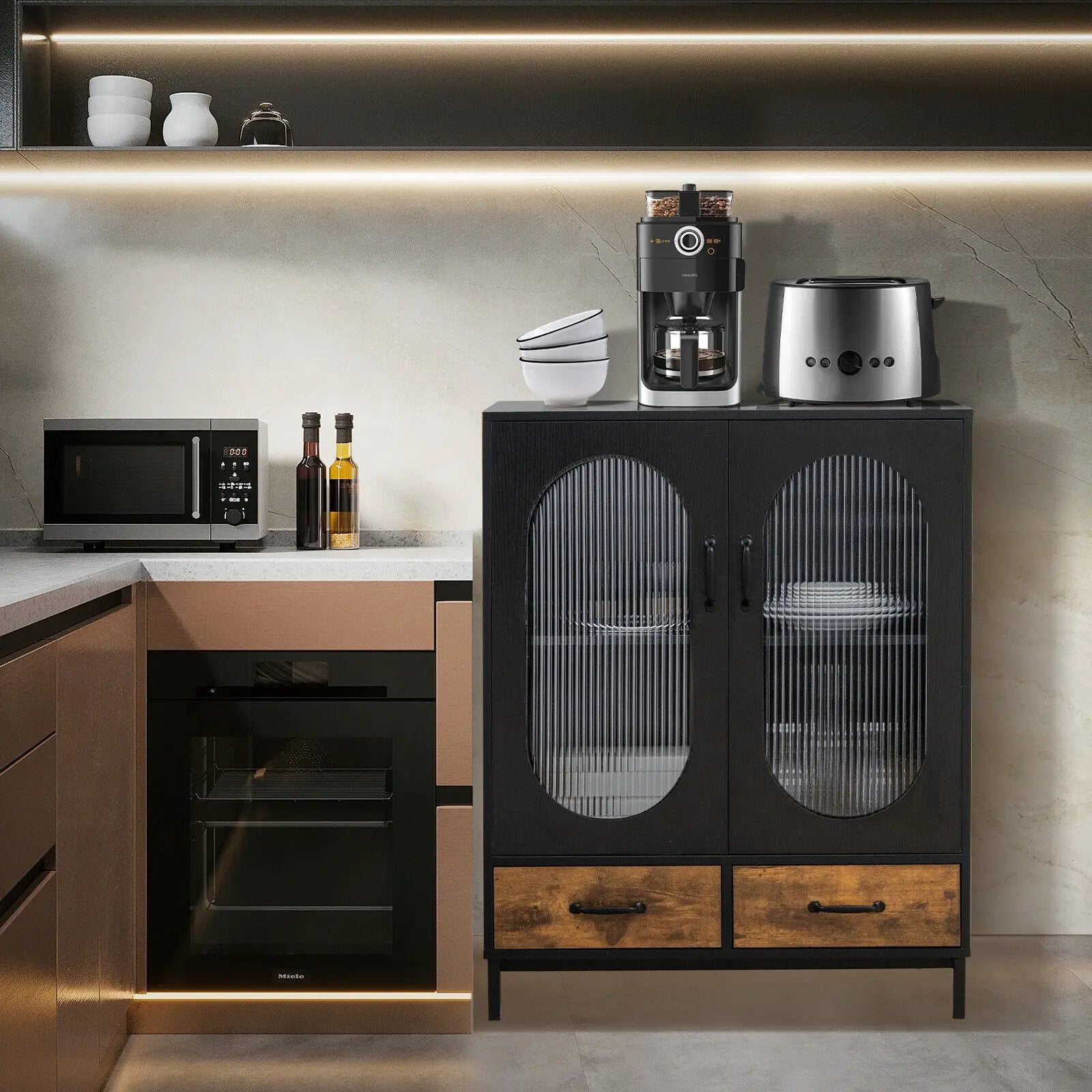 Kitchen Industrial Buffet Sideboard with Tempered Glass Doors-Black by DirectDeals