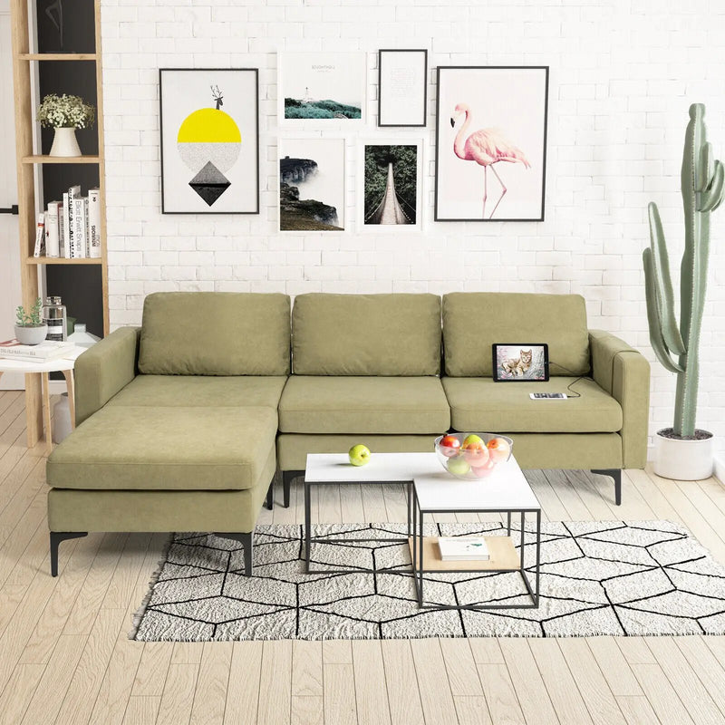 Modular 3-Seat L-shaped Sectional Sofa with Reversible Chaise and 2 USB Ports-Green by DirectDeals