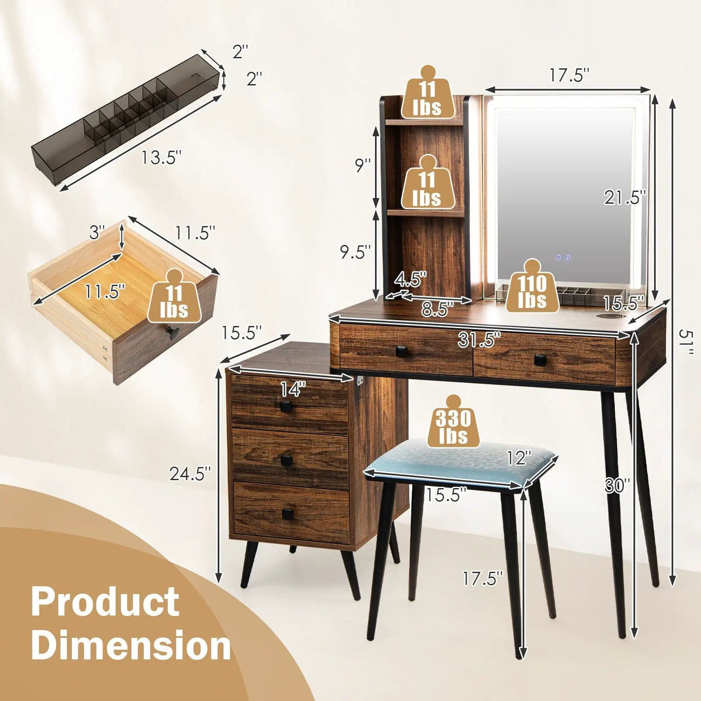 Vanity Makeup Table Set with Lighted Mirror by DirectDeals