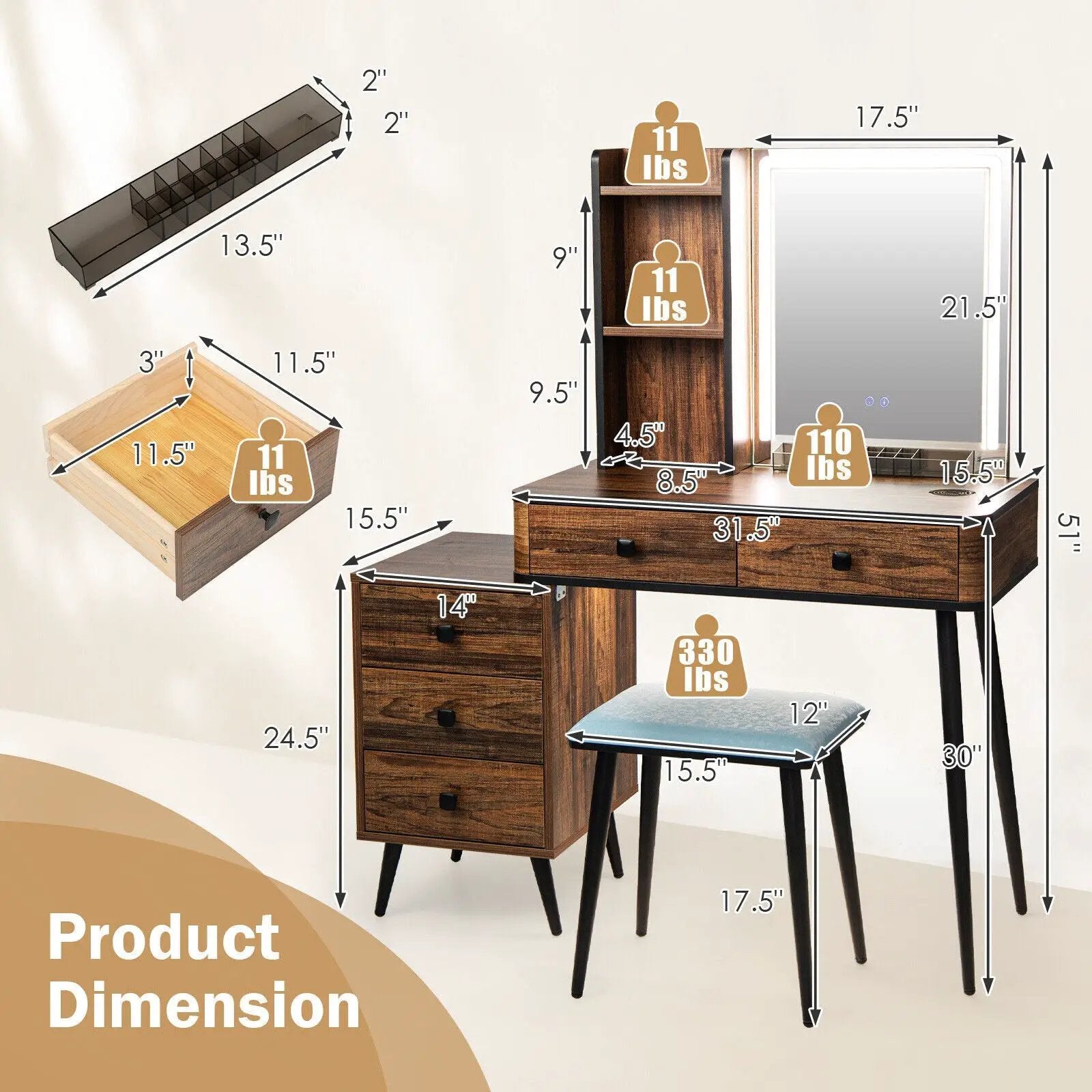 Vanity Makeup Table Set with Lighted Mirror by DirectDeals
