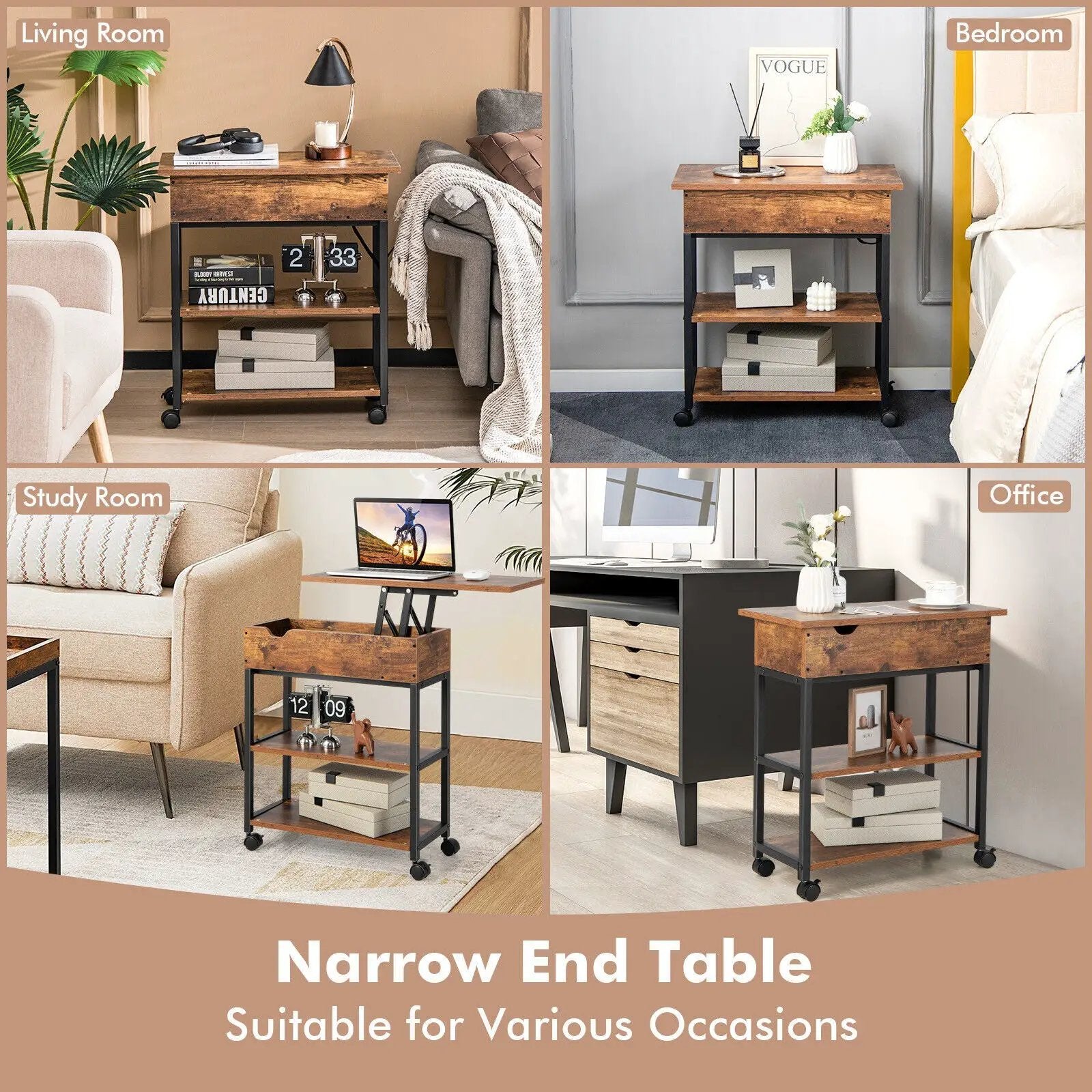 Lift Top End Table with Charging Station and Universal Wheels-Rustic Brown by DirectDeals
