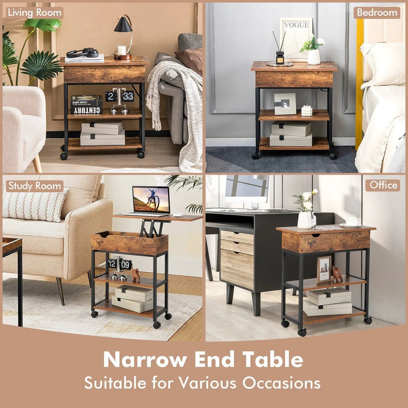 Lift Top End Table with Charging Station and Universal Wheels-Rustic Brown by DirectDeals