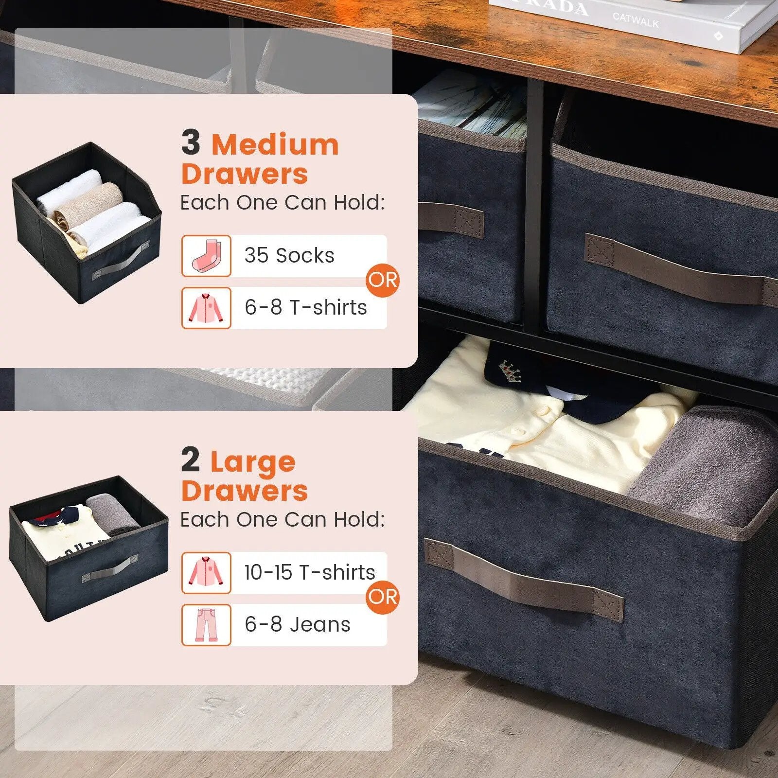 5 Drawers Storage Dresser with Fabric Bin for Living Room Bedroom-Black by DirectDeals