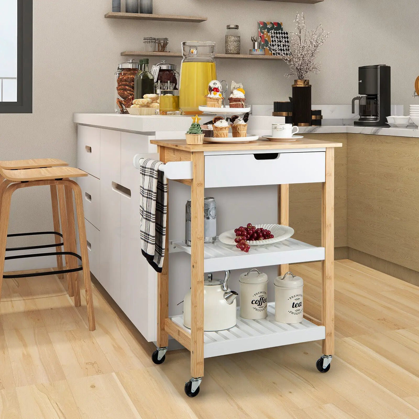 3-Tier Kitchen Island Cart Rolling Service Trolley with Bamboo Top by DirectDeals