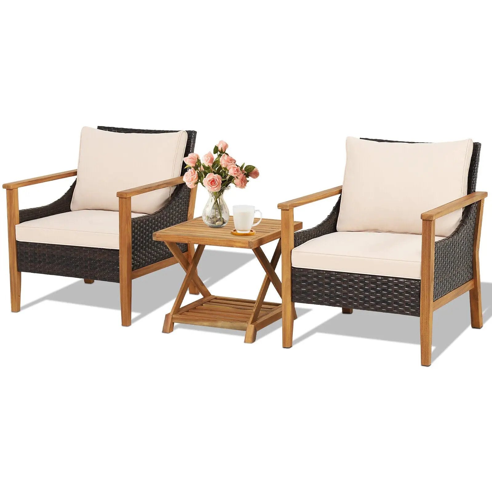 3 Pieces Patio Wicker Furniture Set with 2-Tier Side Table and Cushioned Armchairs-Natural by DirectDeals