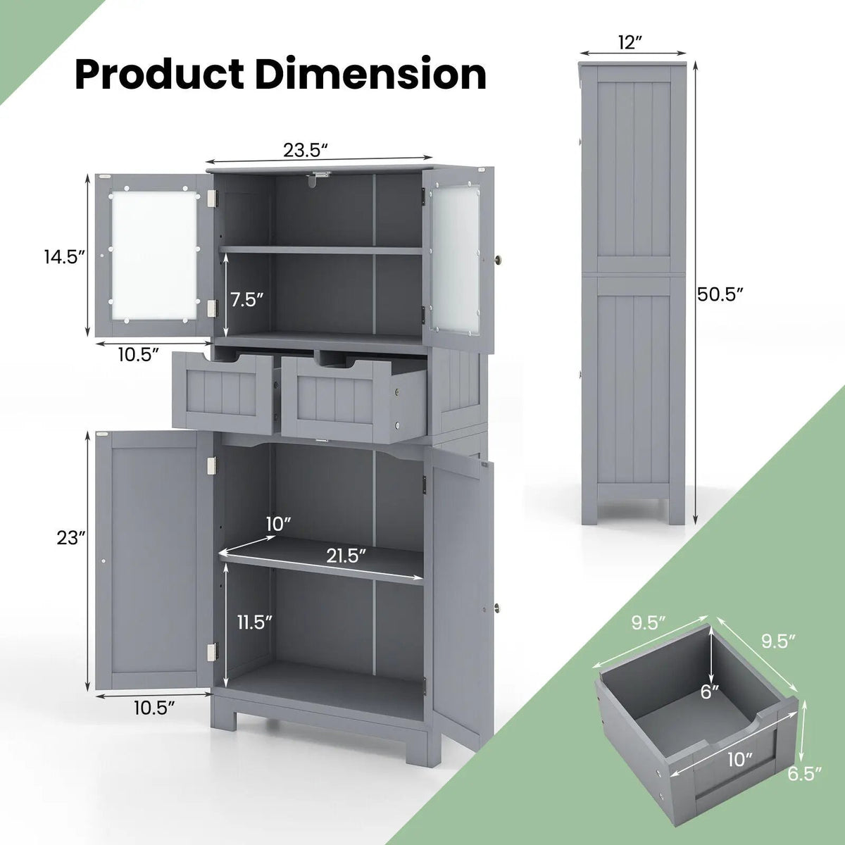 3 Tier Freee-Standing Bathroom Cabinet with 2 Drawers and Glass Doors by DirectDeals