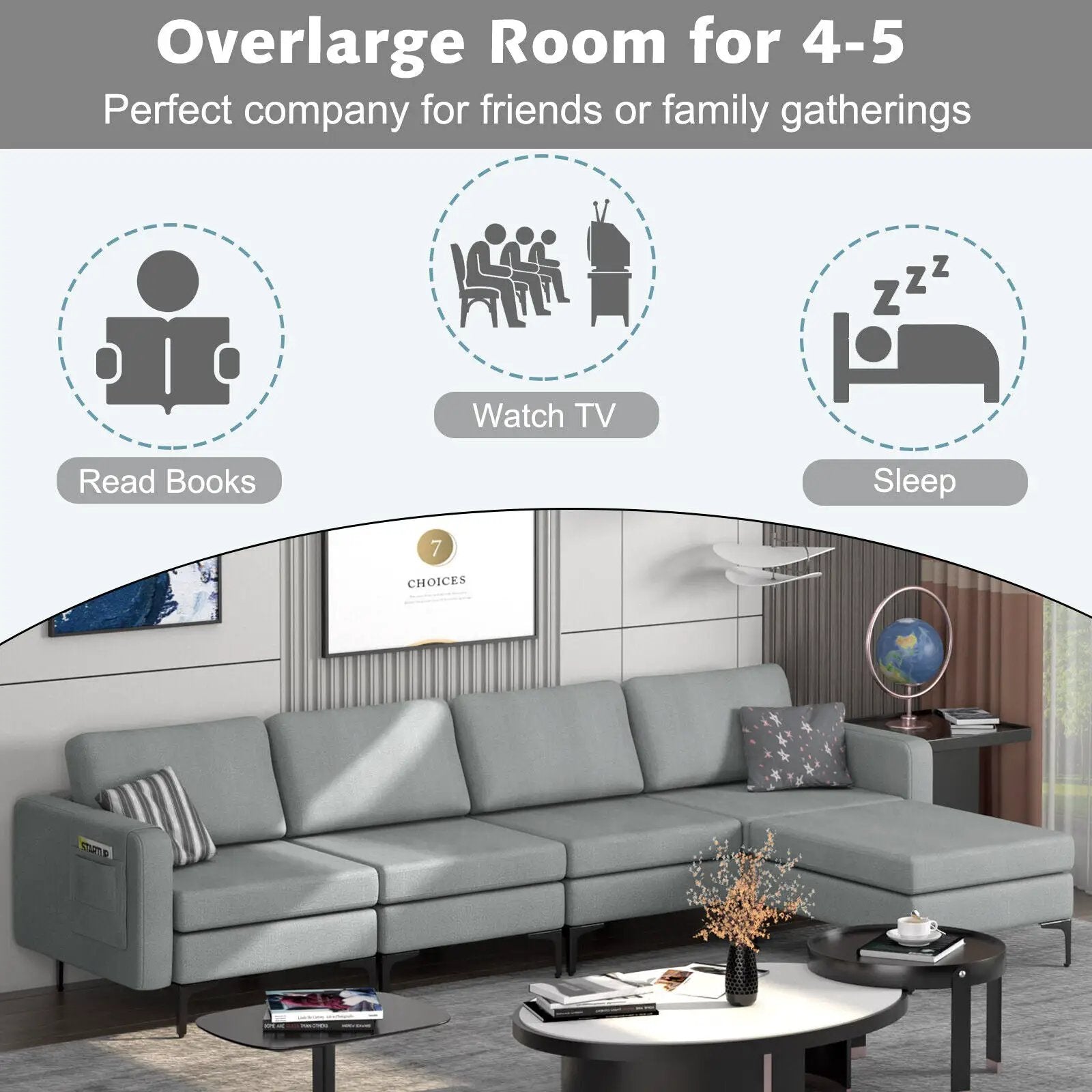 Modular L-shaped Sectional Sofa with Reversible Ottoman and 2 USB Ports by DirectDeals