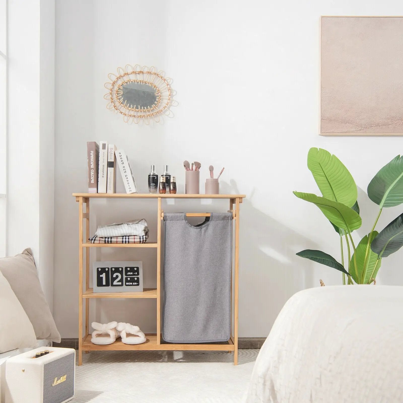 Bamboo Laundry Hamper Stand with Removable Sliding Bag and 3-Tier Open Shelves by DirectDeals