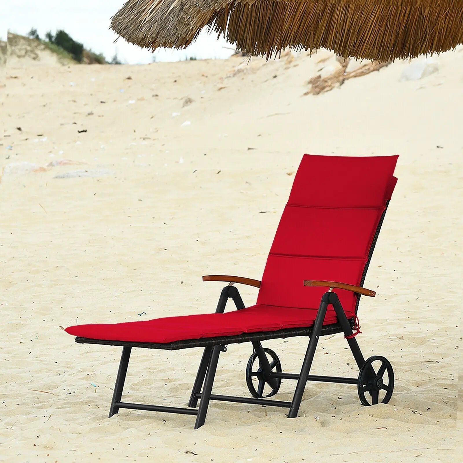 Folding Patio Rattan Lounge Chair with Wheels-Red by DirectDeals