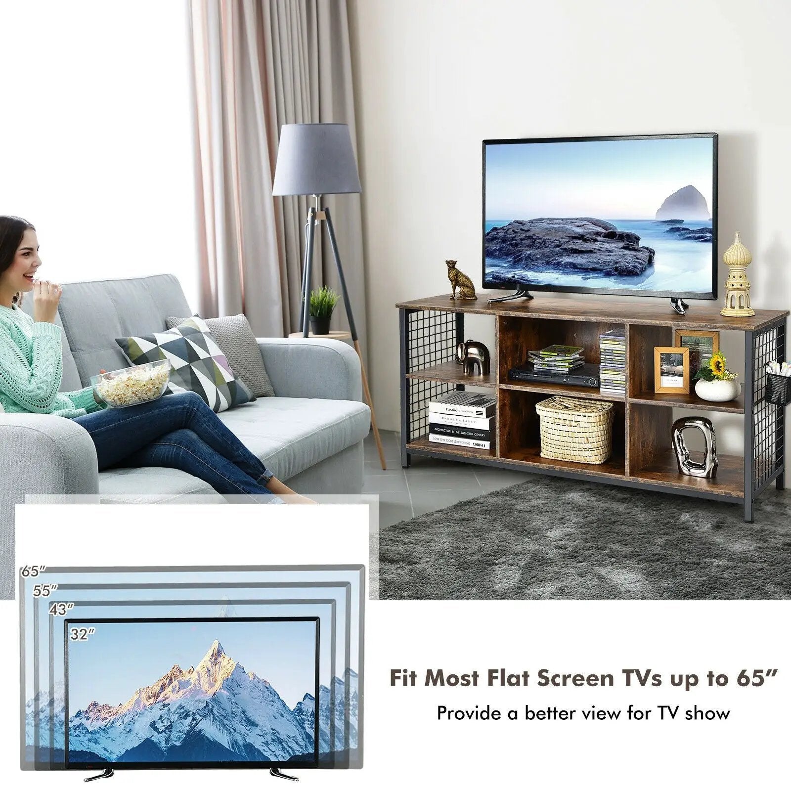 Mid-Century Wooden TV Stand with Storage Basket for TVs up to 65 Inch-Rustic Brown by DirectDeals