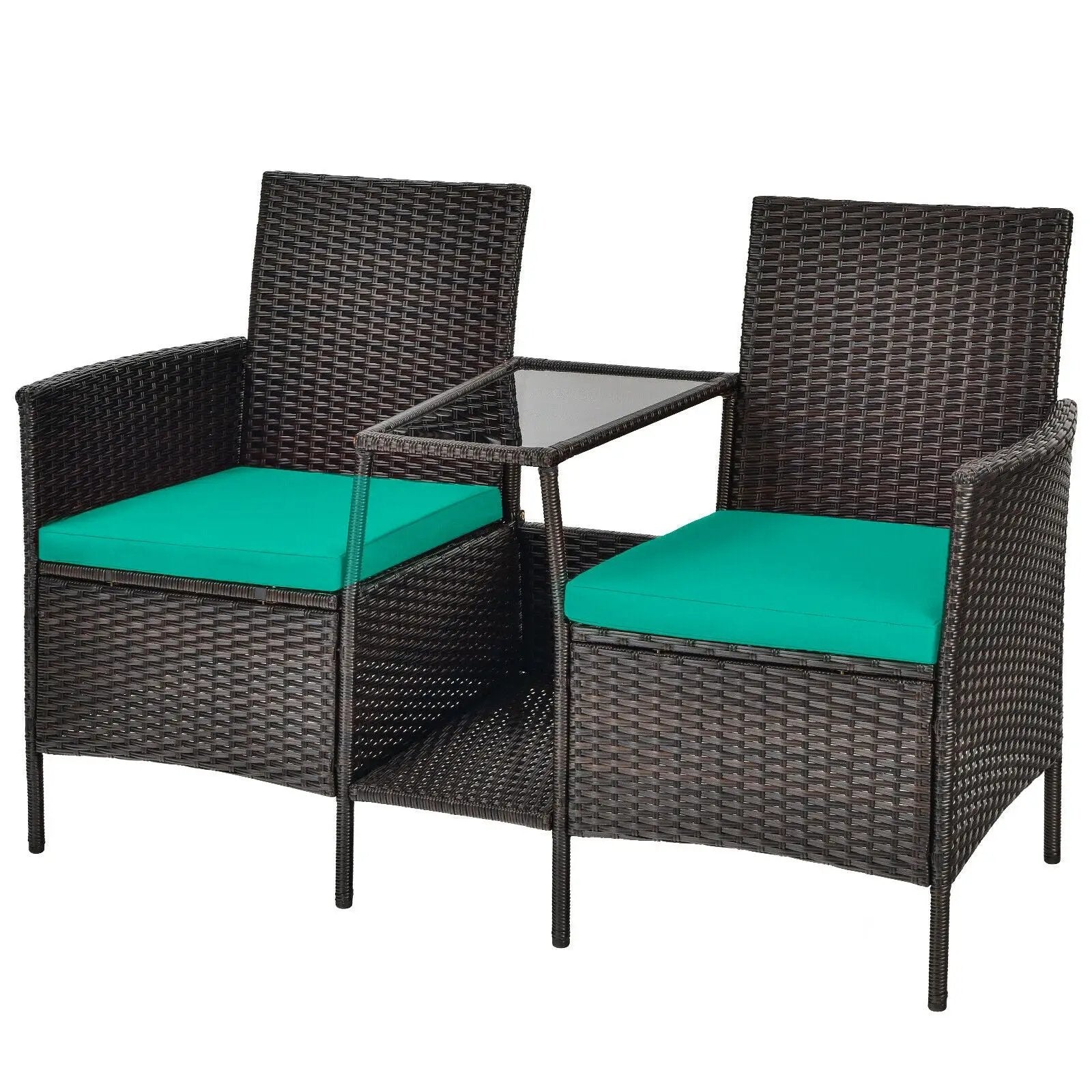 Patio Rattan Wicker Conversation Set Sofa Cushioned Loveseat Glass Table by DirectDeals