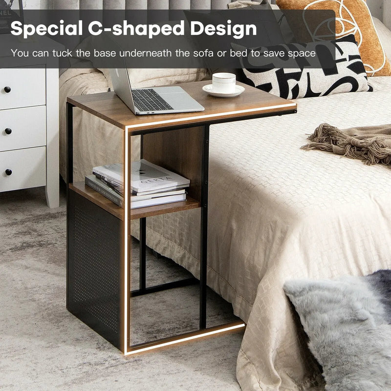 2-Tier C-Shaped Reversible End Table with Wooden Shelf for Living Room-Brown by DirectDeals