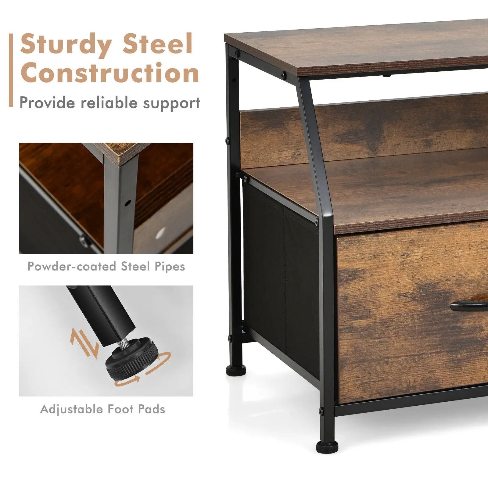 Dresser TV Stand with 2 Folding Fabric Drawers and Open Shelves-Rustic Brown by DirectDeals