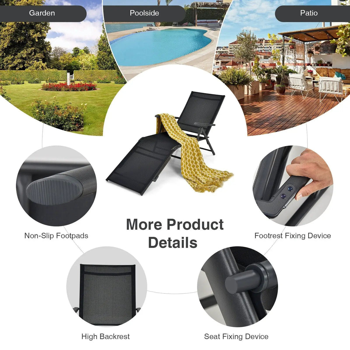 2 Pieces Foldable Chaise Lounge Chair with 2-Position Footrest by DirectDeals