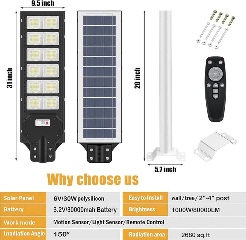 1000W Solar Street Light Motion Sensor, 80000LM IP65 Waterproof with Remote Control by Outdoor Solar Outlet