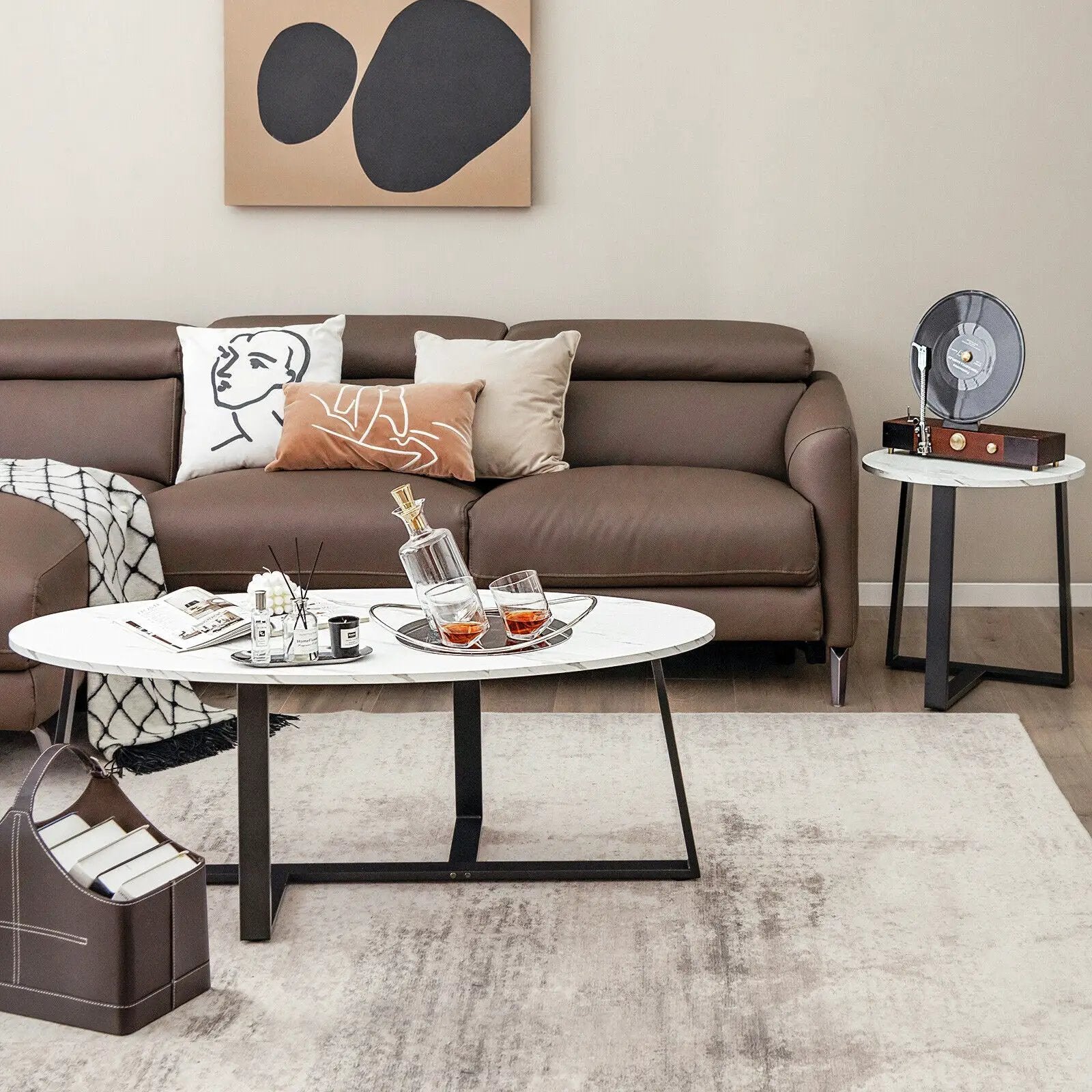 Set of 2 Modern Faux Marble Nesting Coffee Table Set with Oval and Round Table-White by DirectDeals