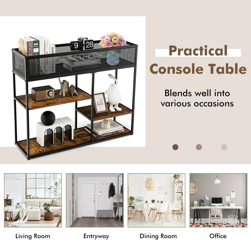 4-Tier Industrial Console Table with Wire Basket and shelf-Rustic Brown by DirectDeals