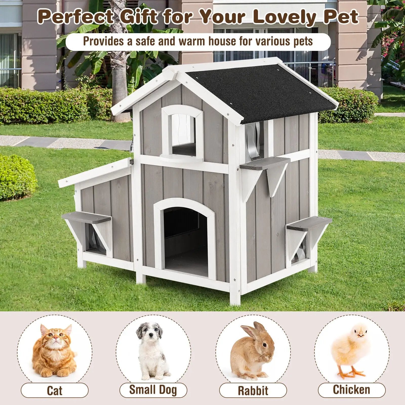 2-Story Outdoor Wooden Feral Cat House with Escape Door-Grey by DirectDeals
