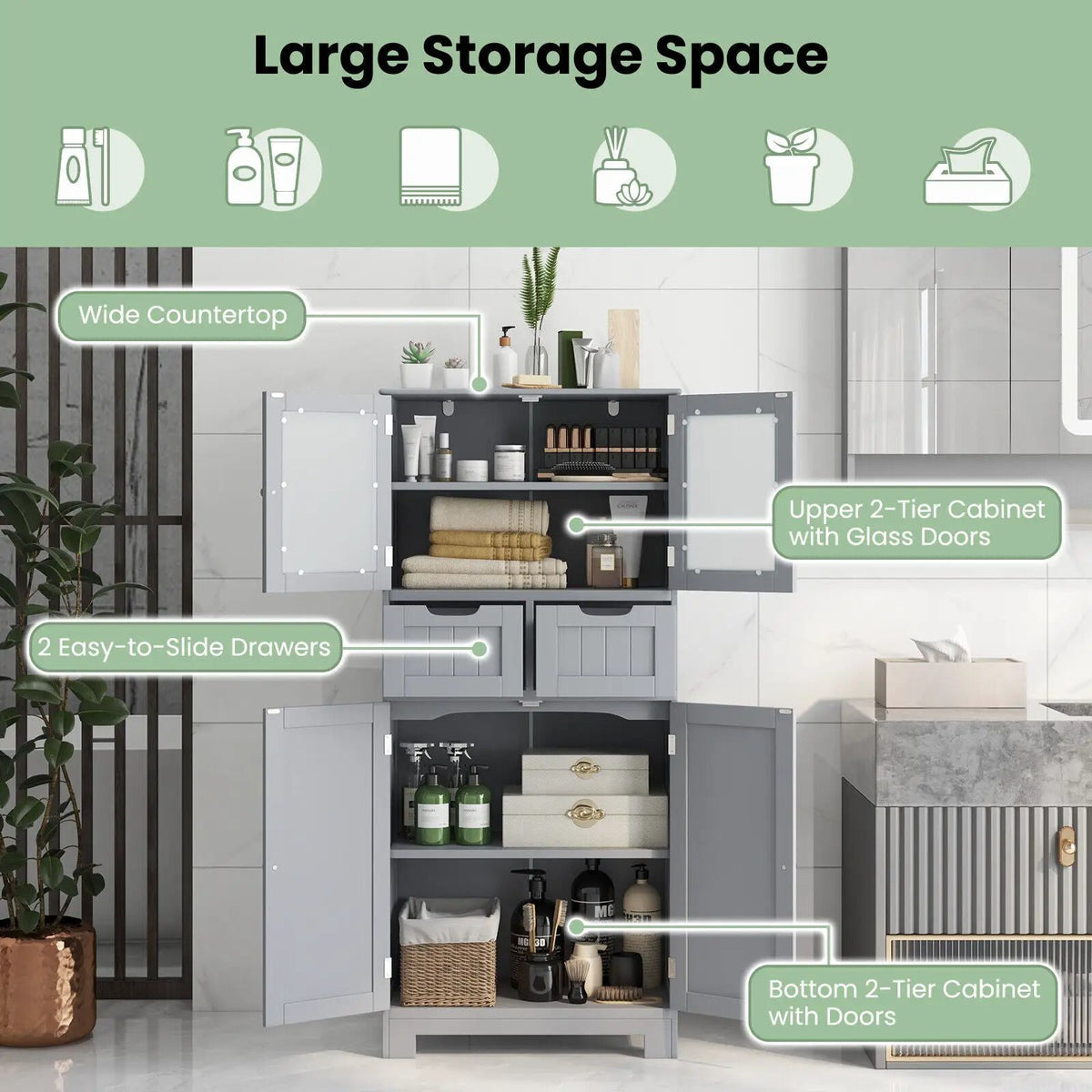 3 Tier Freee-Standing Bathroom Cabinet with 2 Drawers and Glass Doors by DirectDeals