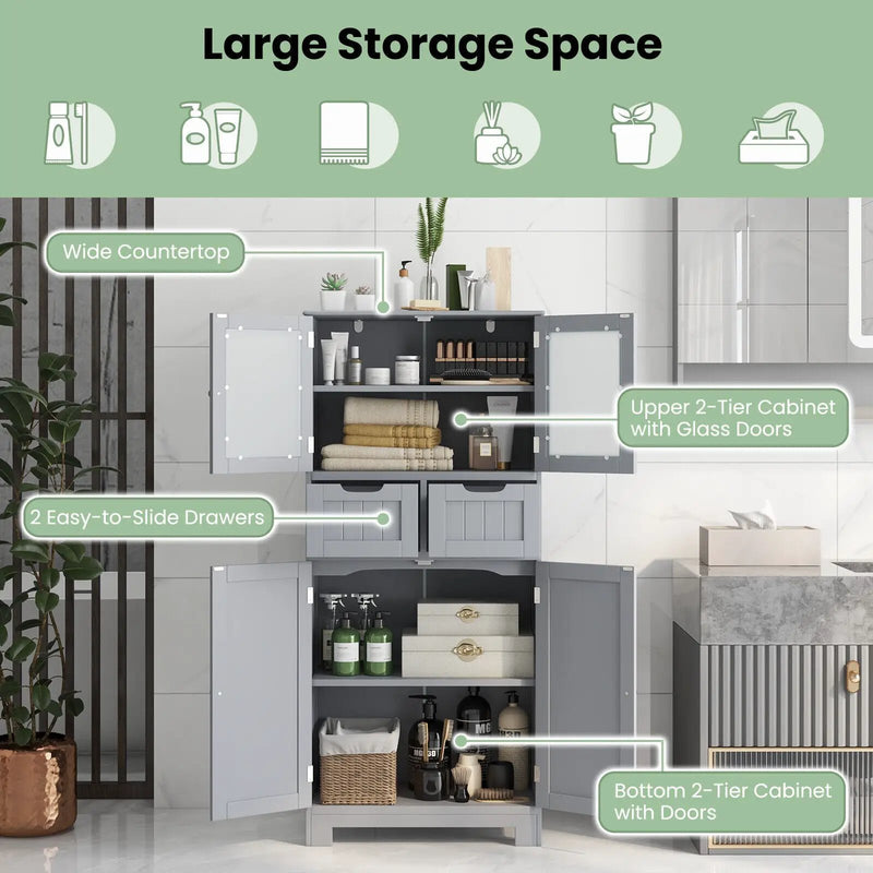3 Tier Freee-Standing Bathroom Cabinet with 2 Drawers and Glass Doors by DirectDeals