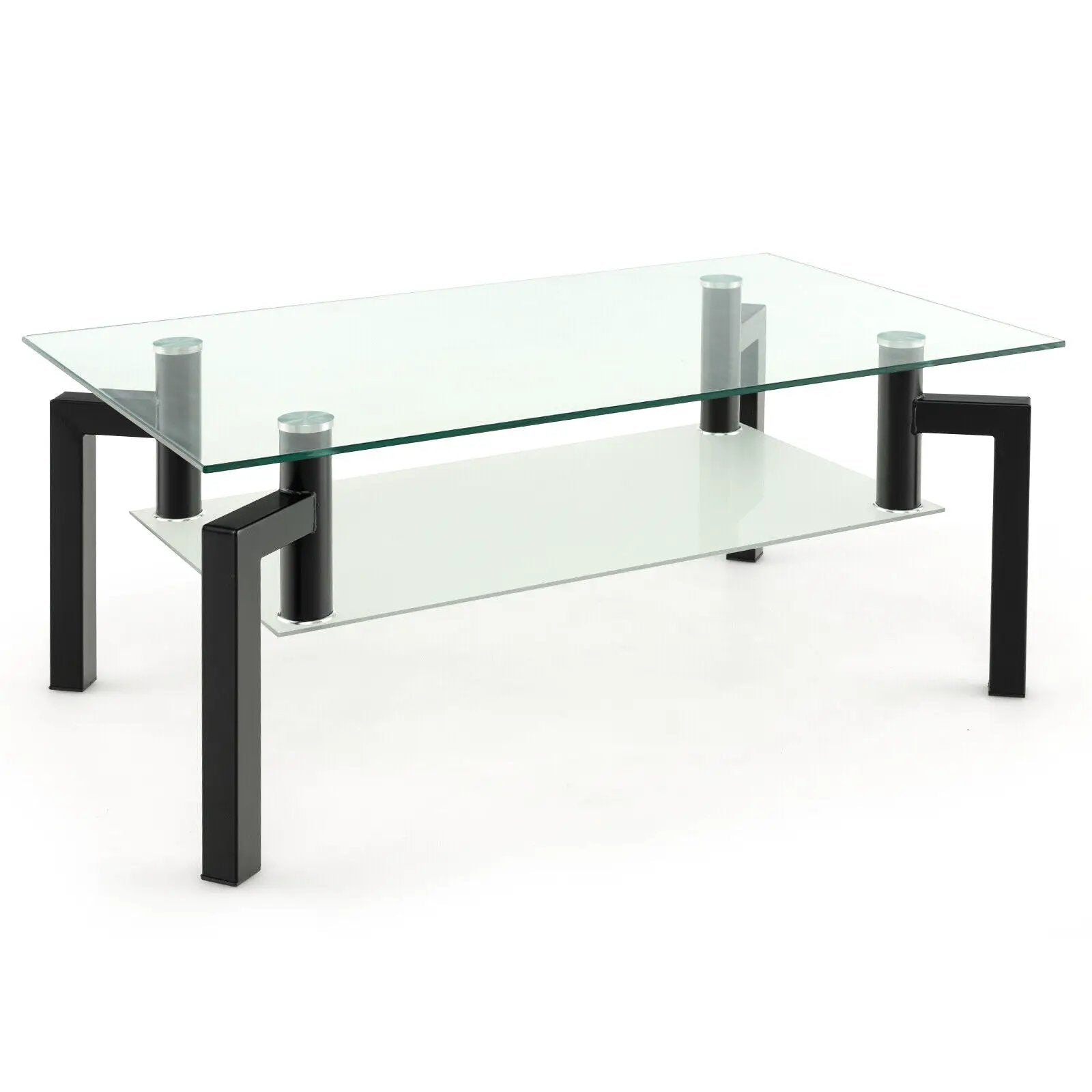 2-Tier Rectangular Glass Coffee Table with Metal Tube Legs-Black by DirectDeals