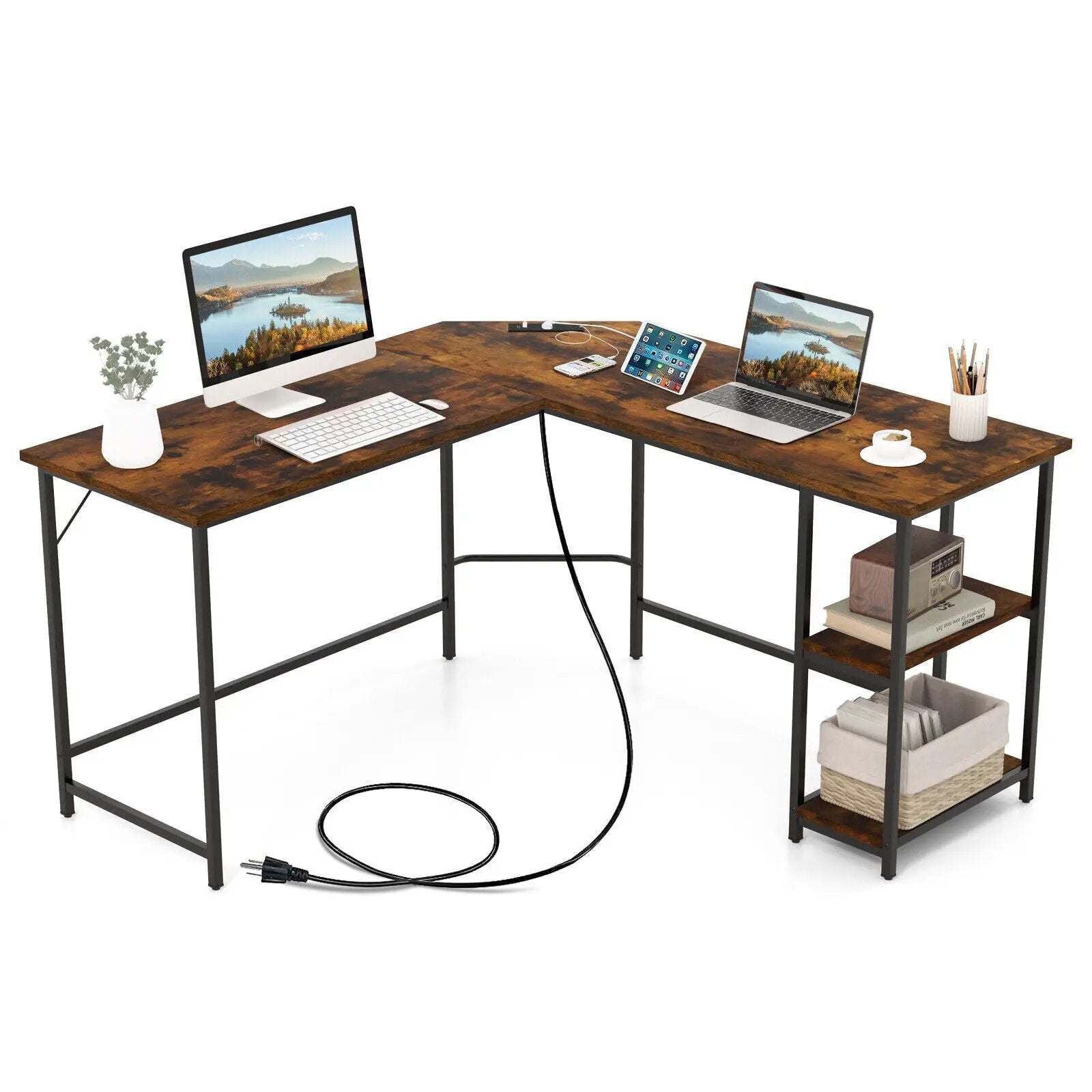 L Shaped Computer Desk with 2 Outlets and 2 USB Ports-Brown by DirectDeals
