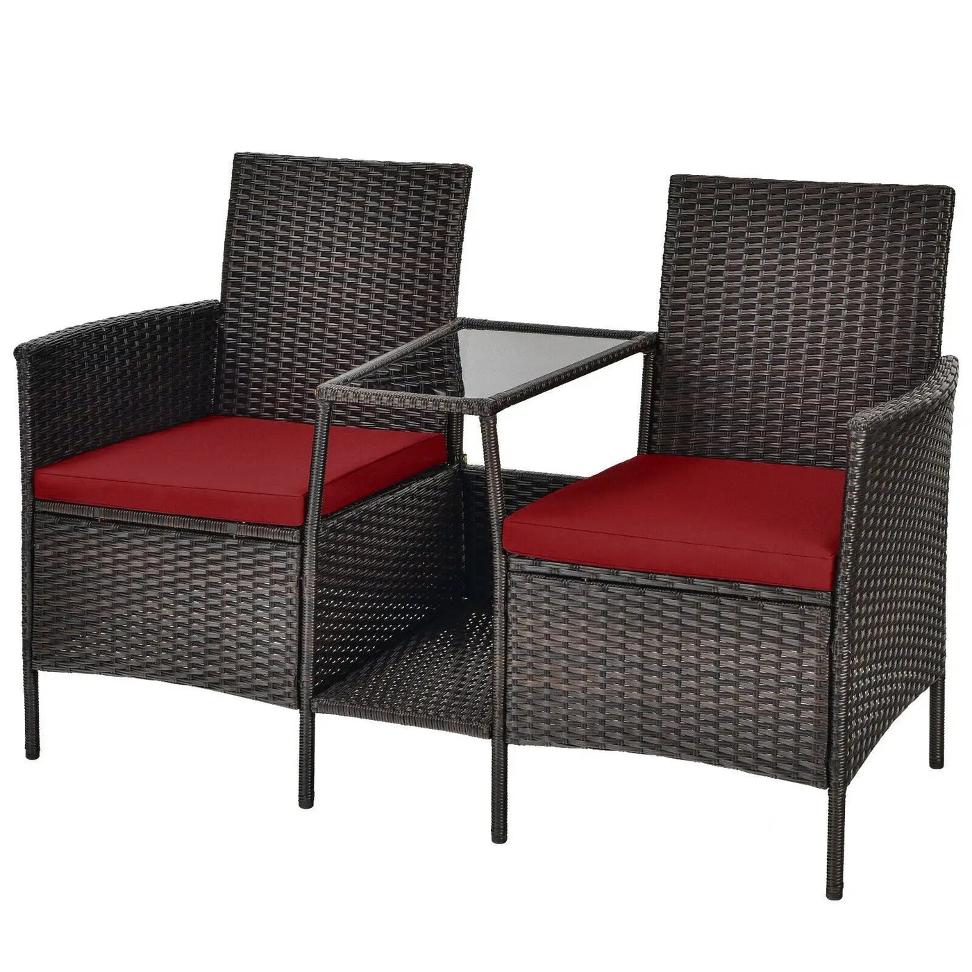 Patio Rattan Wicker Conversation Set Sofa Cushioned Loveseat Glass Table by DirectDeals