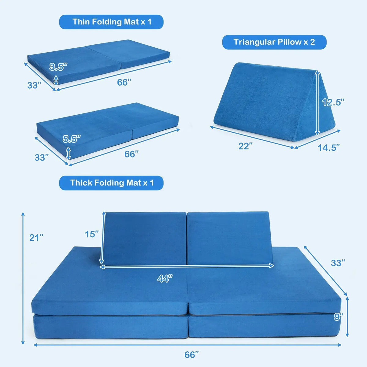 4 Pieces Convertible Kids Couch Set with 2 Folding Mats-Yellow by DirectDeals