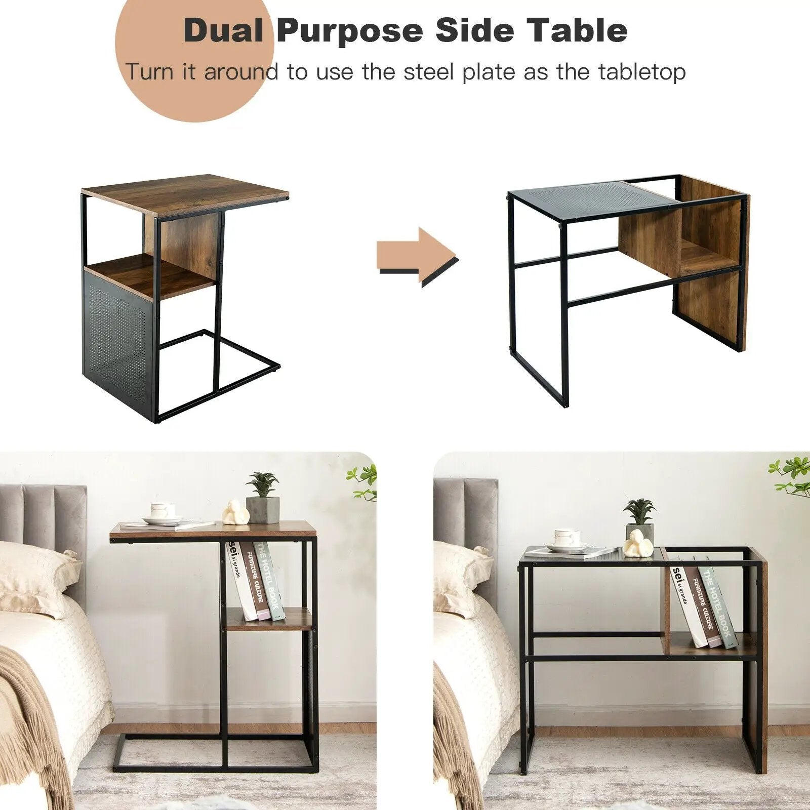 2-Tier C-Shaped Reversible End Table with Wooden Shelf for Living Room-Brown by DirectDeals