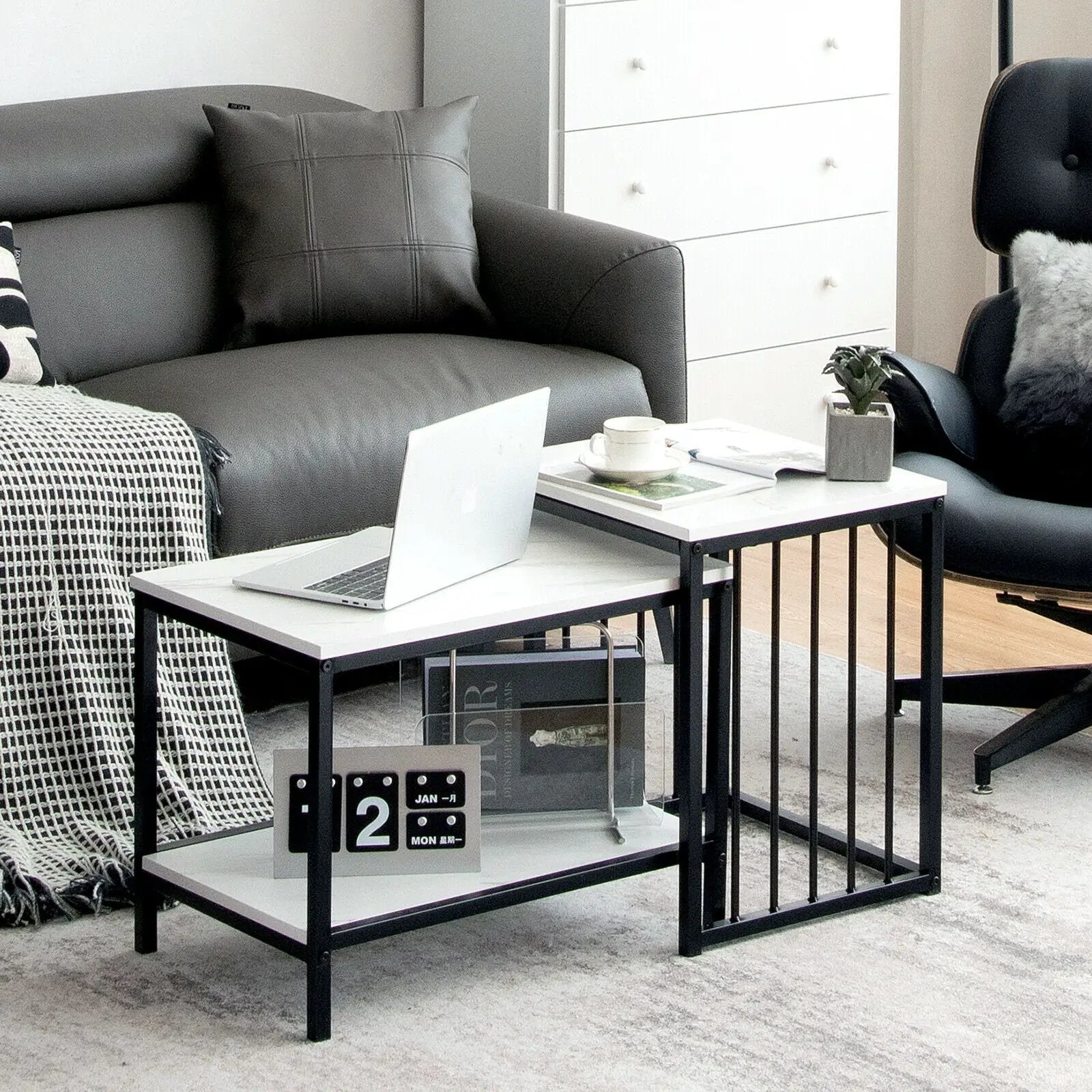 Set of 2 Nesting End Tables with Storage Shelf-White by DirectDeals