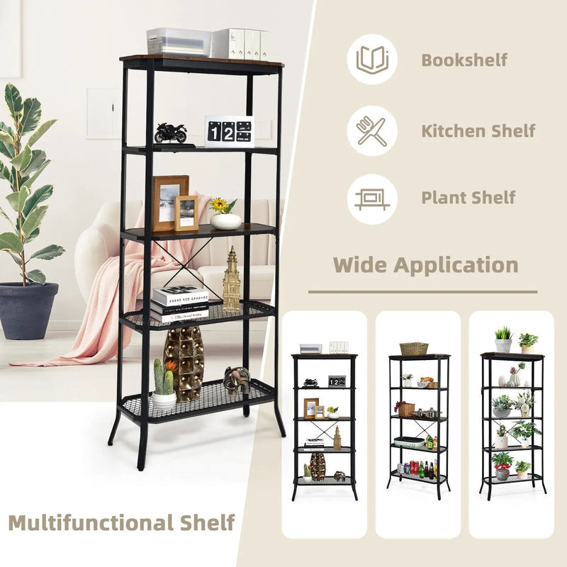Industrial 5-Layer Bookshelf with Out-Stretched Legs-Rustic Brown by DirectDeals