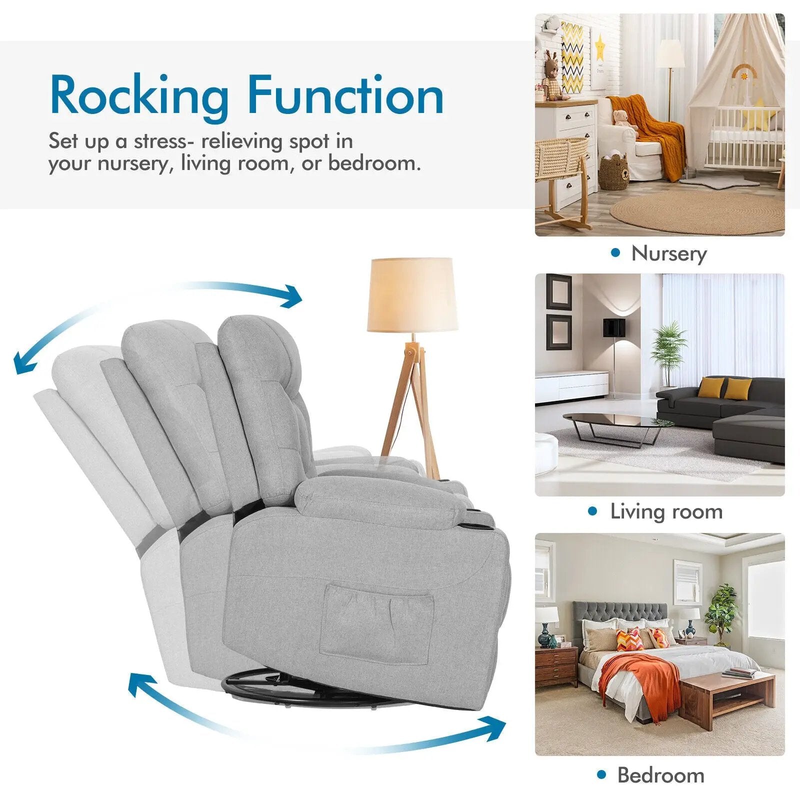 Massage Rocking Recliner Chair with Heat and Vibration-Gray by DirectDeals