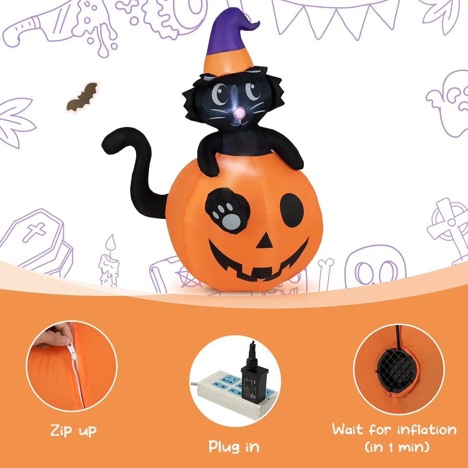 5 Feet Inflatable Halloween Pumpkin with Witch's Black Cat by DirectDeals