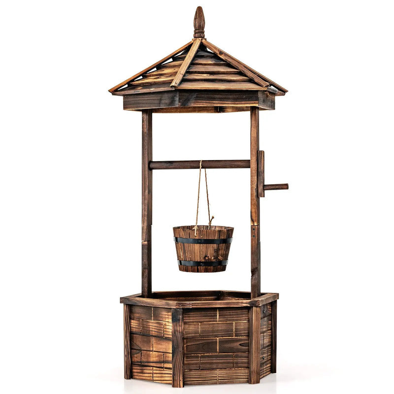 Rustic Wooden Wishing Well with Adjustable Hanging Bucket-Brown by DirectDeals