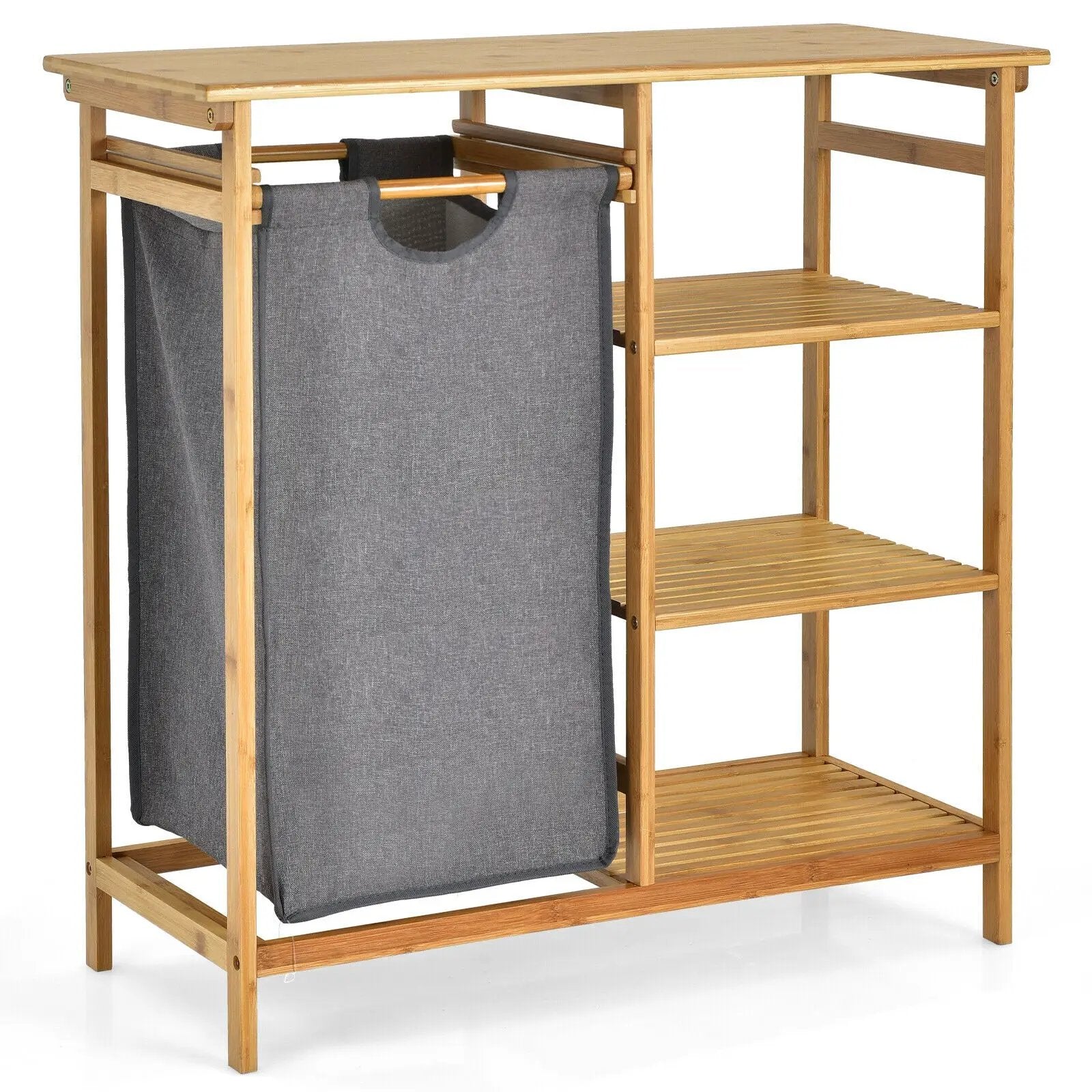 Bamboo Laundry Hamper Stand with Removable Sliding Bag and 3-Tier Open Shelves by DirectDeals