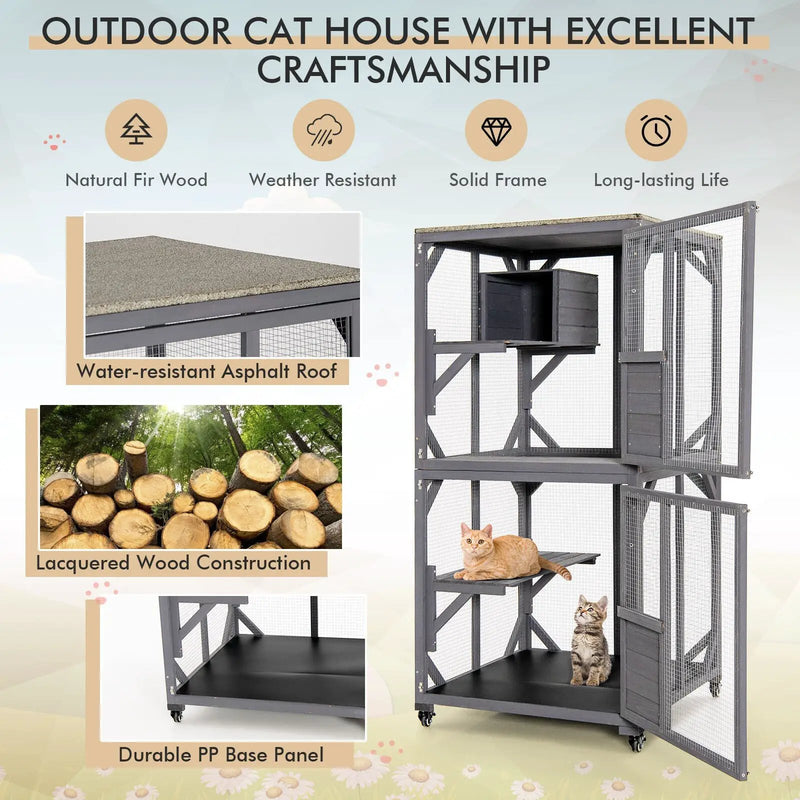 Outdoor Cat House Enclosures on Wheels Kitten Cages with Resting Box-Gray by DirectDeals