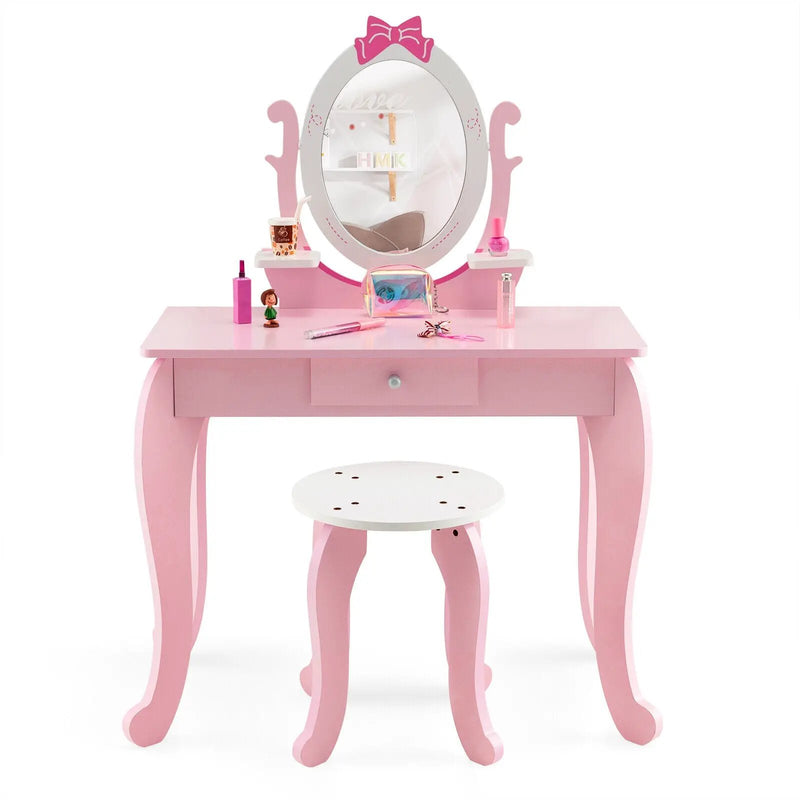 Kid Vanity Table Stool Set with Oval Rotatable Mirror-Pink by DirectDeals