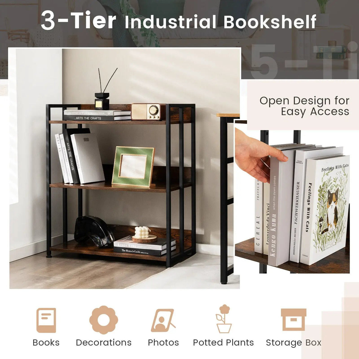 3/5-Tier Industrial Bookshelf Storage Shelf Display Rack with Adjustable Shelves by DirectDeals
