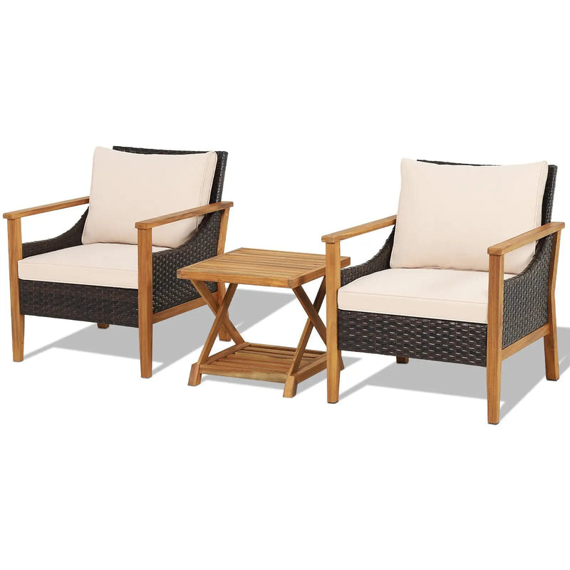 3 Pieces Patio Wicker Furniture Set with 2-Tier Side Table and Cushioned Armchairs-Natural by DirectDeals