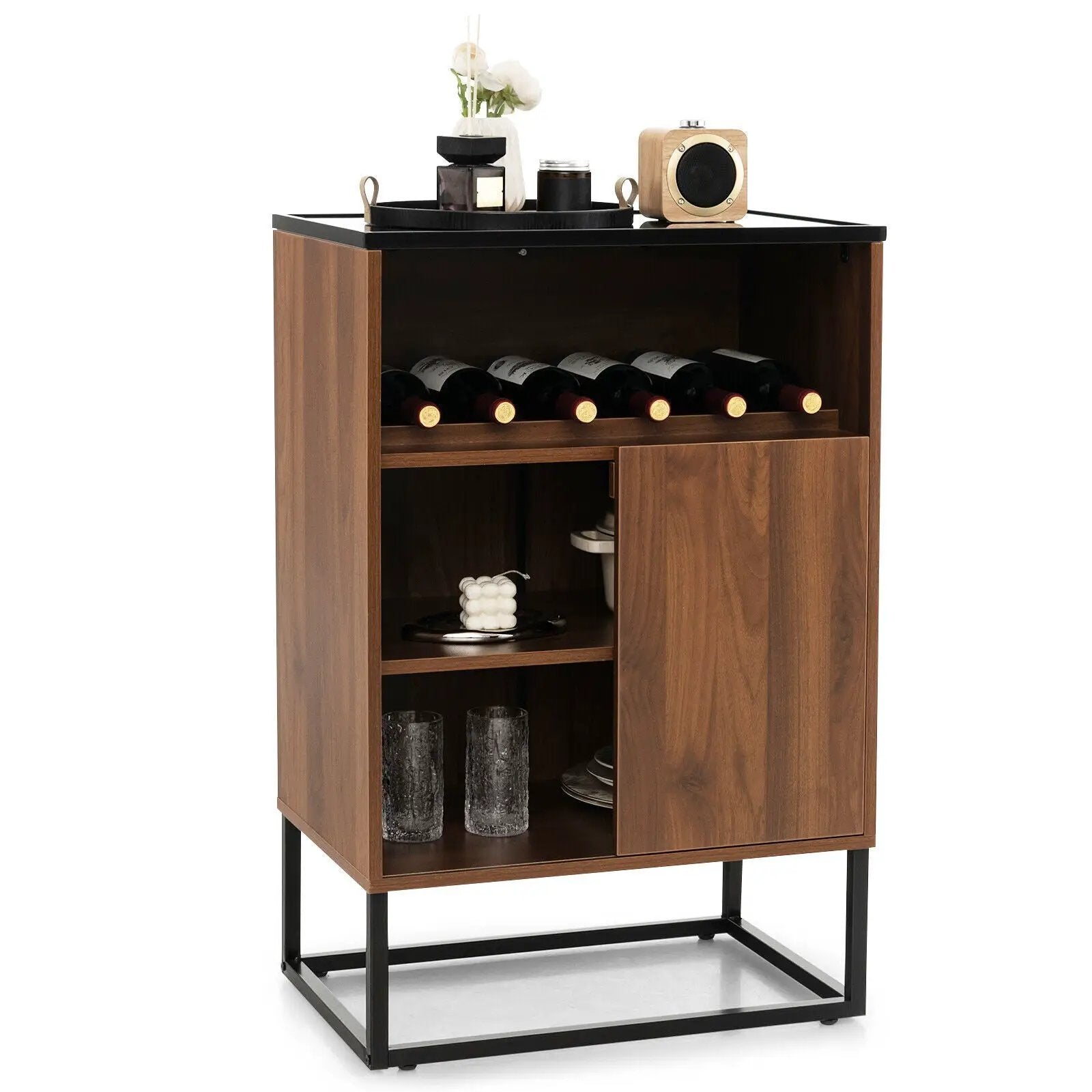 Wine Storage Cabinet Buffet Sideboard with Adjustable Shelf and Sliding Door-Brown by DirectDeals
