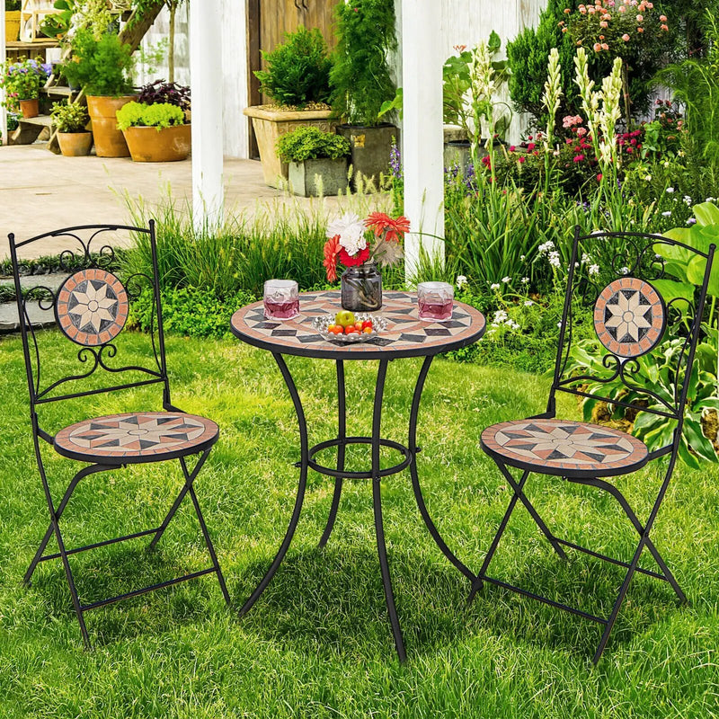 3 Pieces Patio Bistro Set with 1 Round Mosaic Table and 2 Folding Chairs by DirectDeals