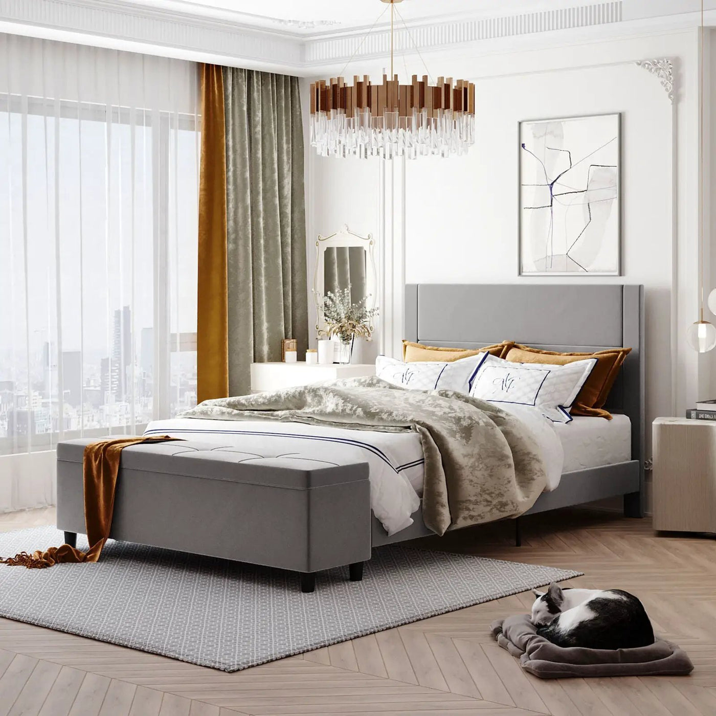 Full/Queen Size Upholstered Platform Bed Frame with Storage Ottoman by DirectDeals
