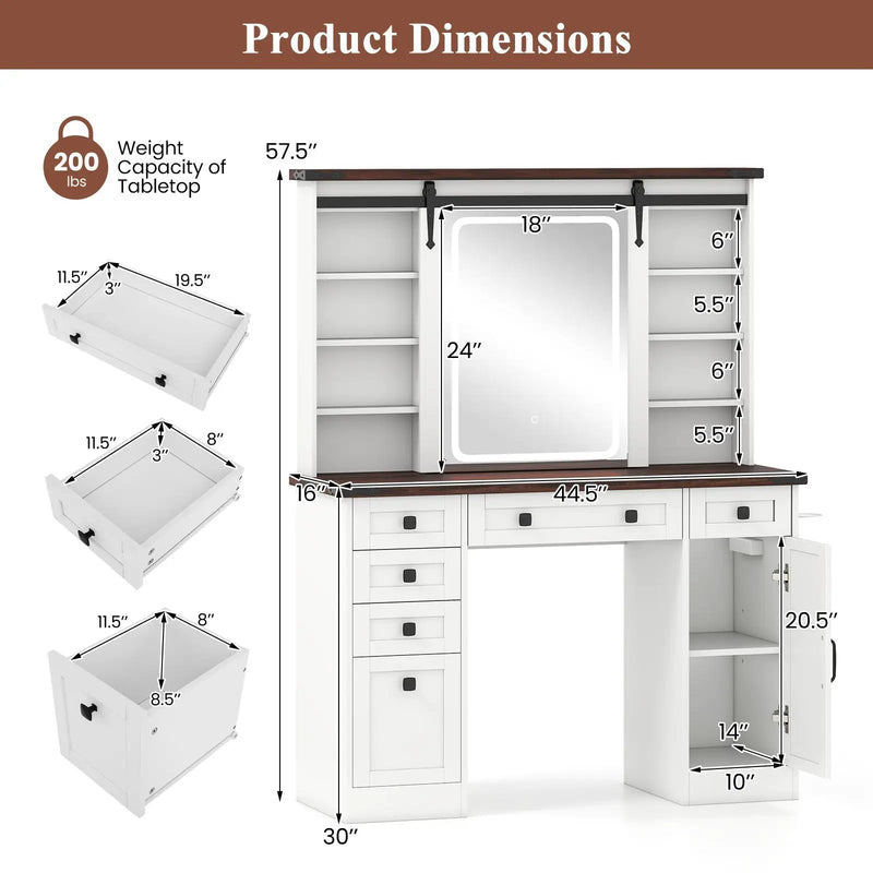 Farmhouse Vanity Desk with Barn-Style Sliding Mirror and 3 Lighting Modes-White by DirectDeals