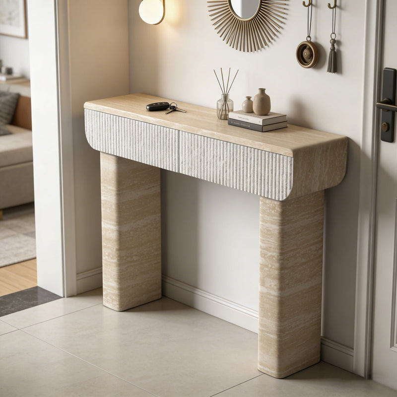 Entryway Table With 2 Hidden Handle Drawers For Entrance - Beige / Yellow by HouseOfZazla
