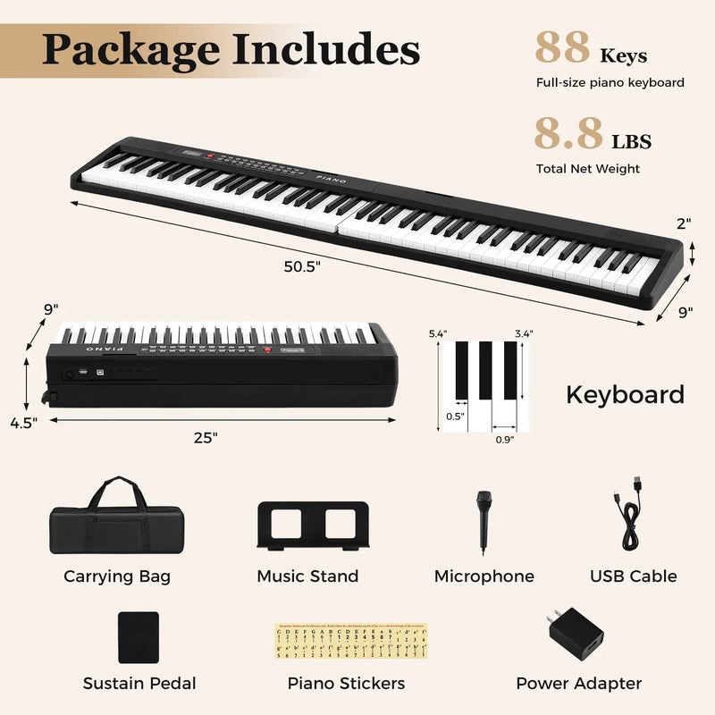 88 Key Foldable Piano Keyboard Portable Semi Weighted Electric Piano-Black by DirectDeals