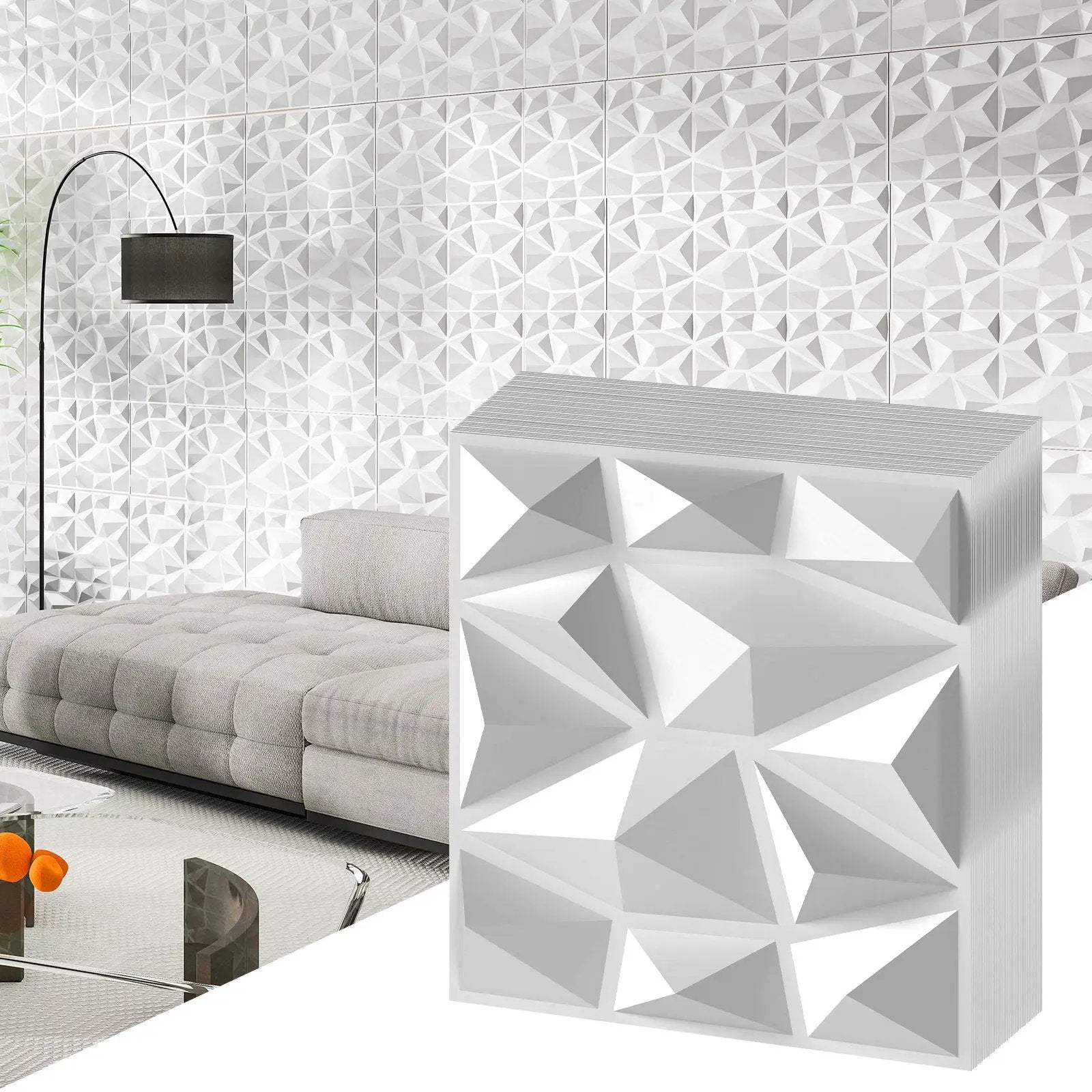100-Pack 3D Wall Panels 12" x 12" PVC Interior Wall Decoration with Diamond Accent-White by DirectDeals