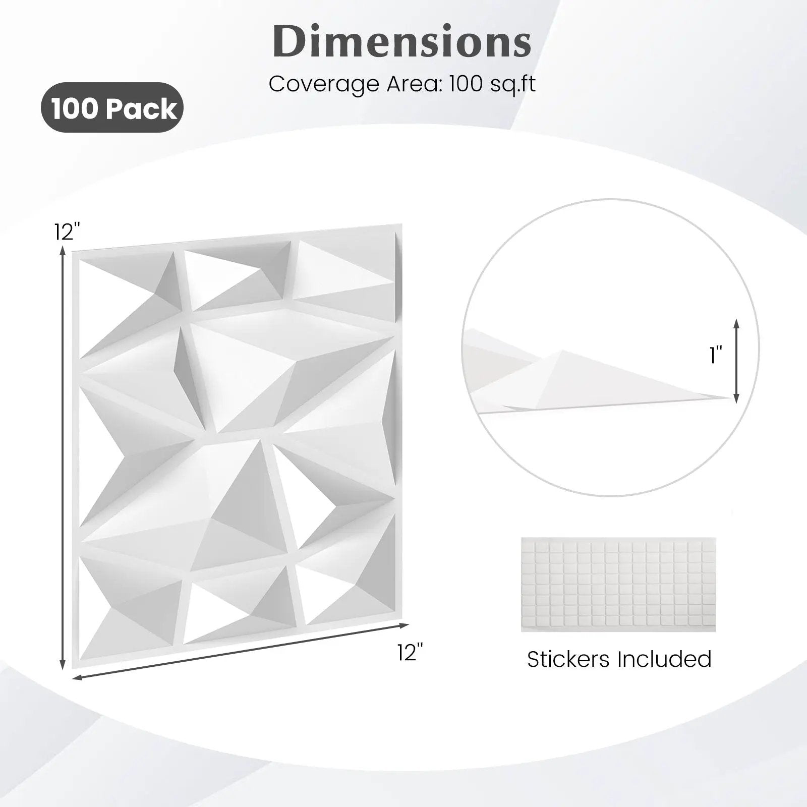 100-Pack 3D Wall Panels 12" x 12" PVC Interior Wall Decoration with Diamond Accent-White by DirectDeals